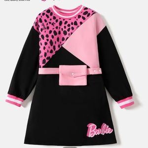 Barbie Kid Girl Leopard Print/Colorblock Waist Bag Design Sweatshirt Dress